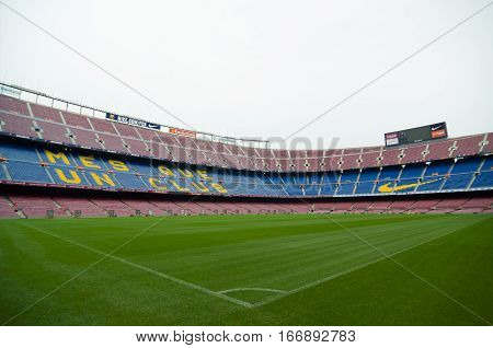 Barcelona Spain - September 22 2014: One of the stands displaying Barcelona's motto Mes que un club meaning More than a club. Camp Nou Barcelona Spain.