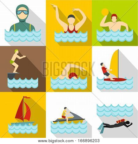 Swimming on water icons set. Flat illustration of 9 swimming on water vector icons for web