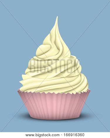 High tiered sweet yellow cream in a special mold pink for cupcakes on a blue background. 3D stylization