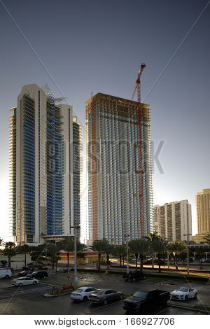 Image of highrise condominiums under construction in Sunny Isles Beach Florida USA
