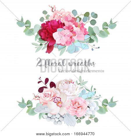 Floral mix wreath vector design set. White and burundy red peonypink rose camellia succulents brunia orchid hydrangea eucalyptus. All elements are isolated and editable.
