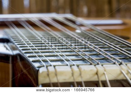 Frets of Bandurria oud Twelve string metallic dirty defocus