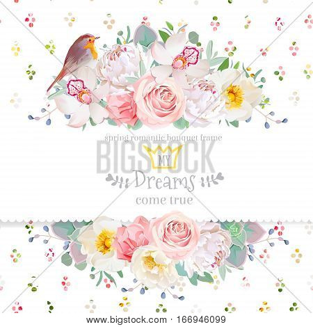 White peony pink rose orchid carnation flowers orchid echeveria succulent eucalyptus and robin bird vector design card. Rainbow round confetti backdrop. All elements are isolated and editable.