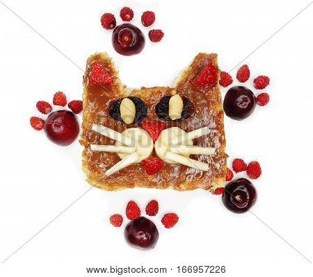 creative breakfast food with fruit and chocolate sweet cream on bread