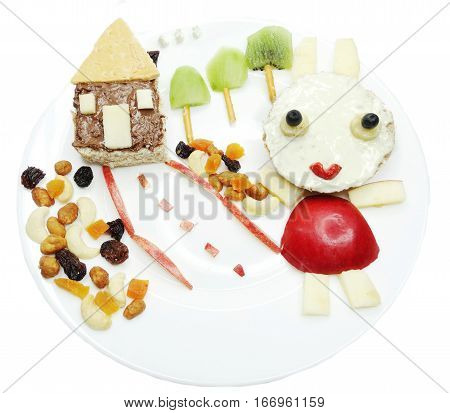 creative breakfast food with fruit and chocolate sweet cream on bread