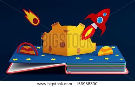 Pop Up Book With Rocket In Space. 3D Rendering