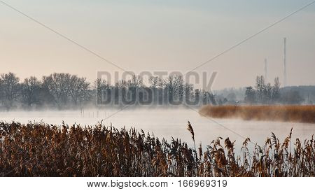 fog on the river in the morning in winter