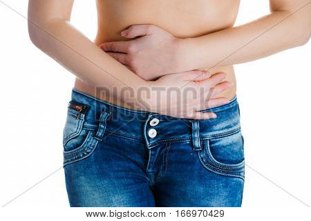 Stomach pain or menstrual pain. Woman with pains in abdomen.