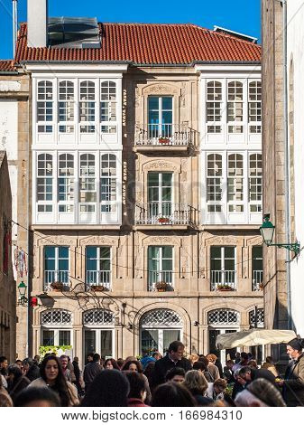 Santiago de Compostela Spain - December 14 2013 - View of the facades in front of the Abastos Market in Santiago de Compostela