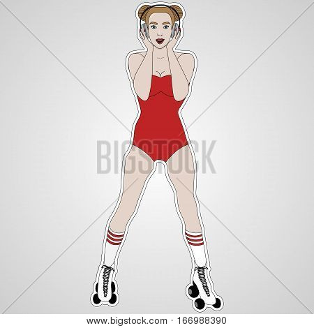 Vector image of the pop art girl in the big headphones listening to music with headphones on rollerskates