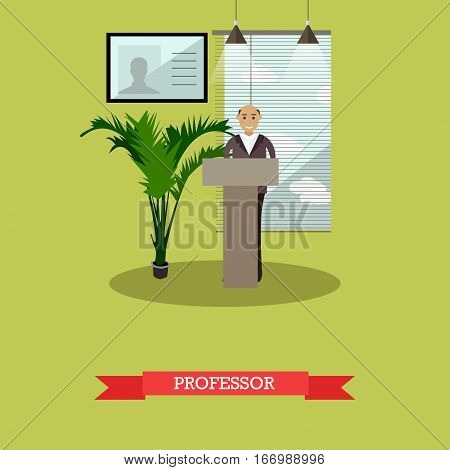 Vector illustration of university professor, senior man. Lecture, seminar. Higher education concept design element in flat style.