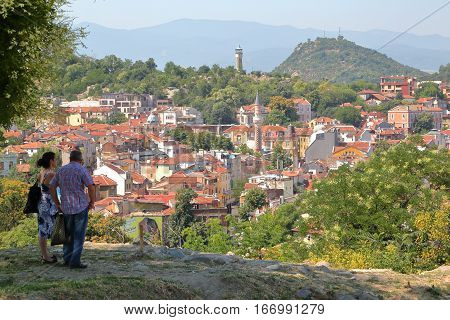 PLOVDIV, BULGARIA - JULY 18, 2015: Panorama of Plovdiv Old town with Djoumaia Mosque