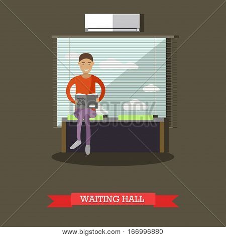 Banking concept vector illustration. Waiting hall, customer reading a book, flat style design.