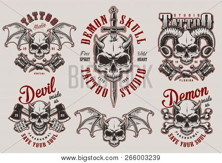 Vintage Demon Tattoo Studio Prints Set With Horned Devil Skulls Crossed Axes Bones Tattoo Machines S