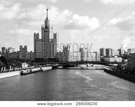View Of Skyscapter On The Promenade Of Moscow River, Russia. Black And White Image