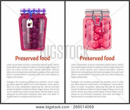 Preserved Food Poster Canned Plums And Sweet Berries In Glass Jar With Lid Decorated By Label. Home 