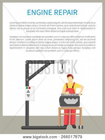 Engine Repair Of Car Service, Banner And Text With Title, Working Construction, Standing On Floor, H