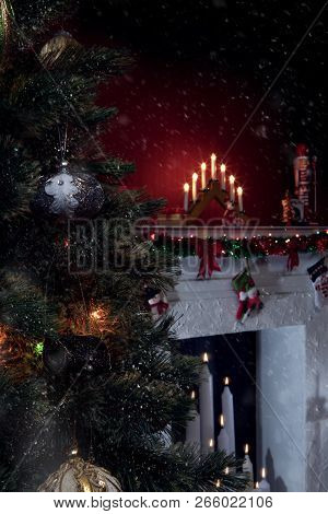 View Of Nice White Christmas Decorated Fireplace  And Christmas Tree