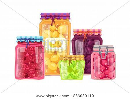 Peach And Raspberry Lime And Plum Jam Preserved In Closed Glass Jars With Sticker. Set Of Homemade C