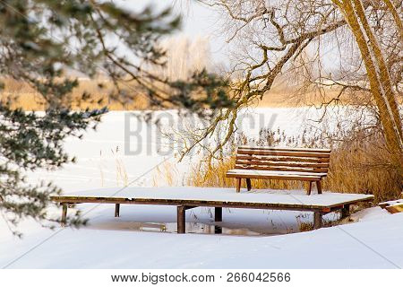 Bench On The Dock In The Snow