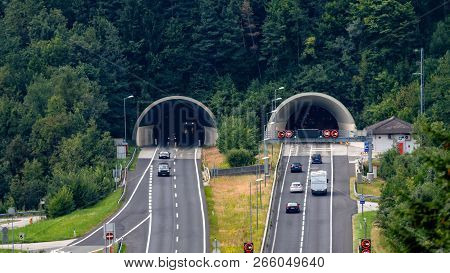 Beautiful View Of Mountains And Entrance To Autobahn Tunnel Near Village Of Werfen, Austria