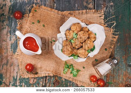 Vietnamese Food. Delicious Homemade Fish Balls On Wooden Table.