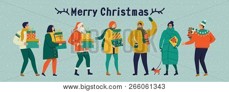 Merry Christmas And Happy New Year Vector Greeting Card With Winter Games And People. Celebration Te