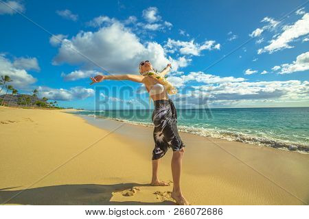 Hawaiian Woman In Makua Beach With Flower Neck Garland. Waianae Coast, Hawaii Oahu Island.