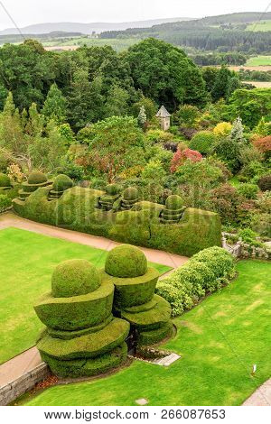 Banchory, Aberdeenshire, Scotland, September 2017: A View To The Outside Gardens And Hills From One 