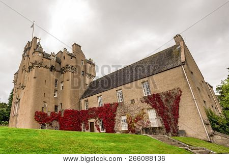 Banchory, Aberdeenshire, Scotland, September 2017: A View Of Crathes Castle With Red Ivy On The Wall