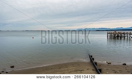 Surrey, Canada - October 27, 2018: Crescent Beach Pier Blackie Spit Park Area At Boundary Bay.