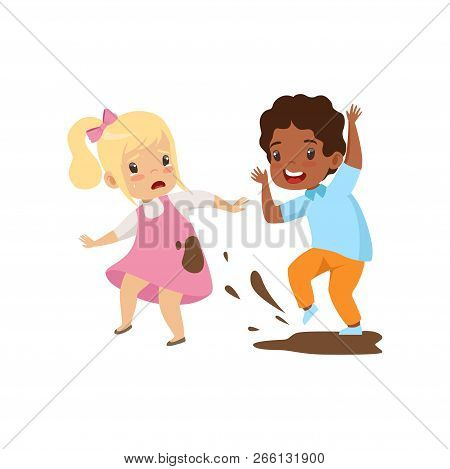Boy Dirtying The Girl With Dirt, Bad Behavior, Conflict Between Kids, Mockery And Bullying At School