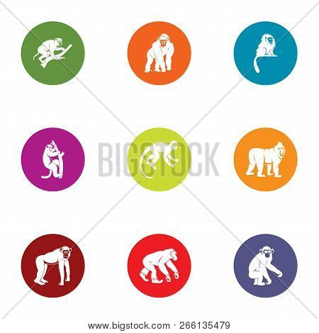 Simian Icons Set. Flat Set Of 9 Simian Icons For Web Isolated On White Background