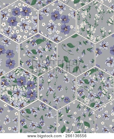 Vector Seamless Patchwork Pattern With Violet Leaves, Violaceous Flowers And Small White Simple Flow