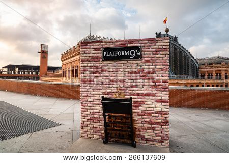 Madrid, Spain - October 27, 2018: Platform Nine And Three Quarters Of Harry Potter In Atocha Railway