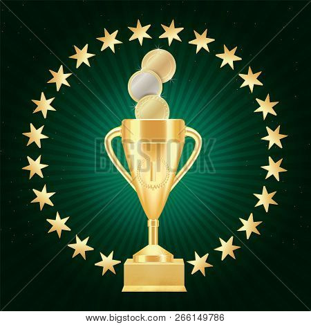 Golden Realistic Trophy Cup Or Goblet With Number One, Laurel Wreath, Gold Stars On Textured Gilded 