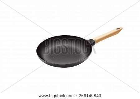 Realistic Vector Iron Pan. Cast-iron Pan With Wooden Handle.