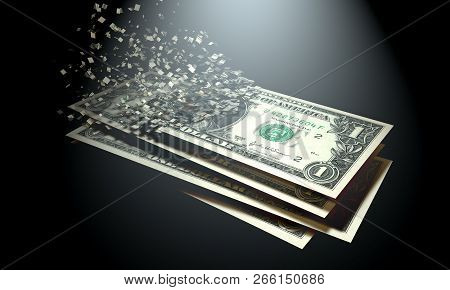 The Dematerialization Of Money, Dollars Are Dematerialized On A Black Background.