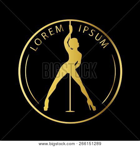 Gold Logo For Dance Studio, Pole Dance, Stripper Club. Silhouette Pole Dance On A Black Background. 