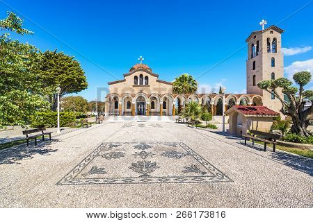 Orthodox Church Of Saint Nektarios With Bell Tower In Faliraki (rhodes, Greece)