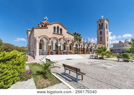 Orthodox Church Of Saint Nektarios With Bell Tower In Faliraki (rhodes, Greece)