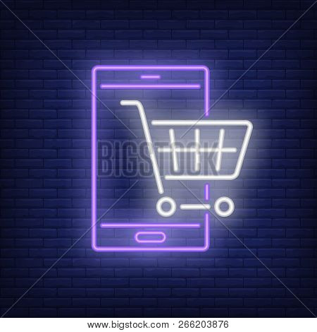 Shop Cart And Mobile Phone Neon Sign. Illustration Of Mobile Phone With Hand Cart On Dark Brick Blue