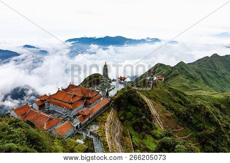 Beautiful View From Fansipan Mountain With A Buddhistic Temple. Sa Pa, Lao Cai Province, Vietnam.