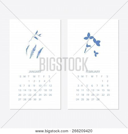 Vector Of 2019 New Year Calendar With Plants On Cyanotype Texture. Holiday Event Planner. Week Start