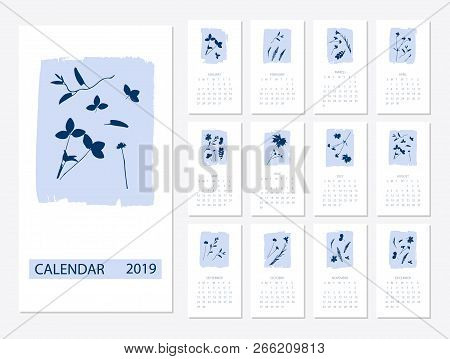 Vector Of 2019 New Year Calendar With Plants On Cyanotype Texture. Holiday Event Planner. Week Start
