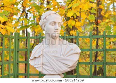 Statue Of Titus Flavius Vespasianus Roman Emperor Of The Flavian Dynasty In Summer Garden, St.peters