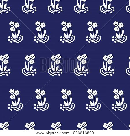 Vintage Folk Flowers White On Blue Repeating Vector Background. Scattered Florals Seamless Pattern. 