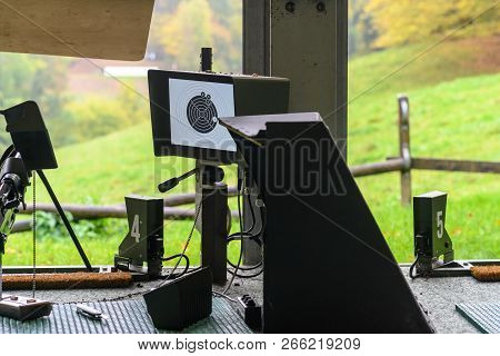 Swiss Shooting Stand With Display Of Hits On A10 Targets