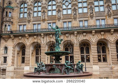 Hamburg, Germany - March, 2018: Hygieia Fountain In The Courtyard Of Hamburg City Hall In A Cold Rai