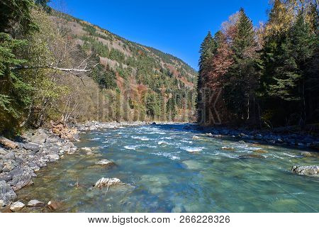 Mountain River With Rifts And Green Water. Bolshoy Zelenchuk River.